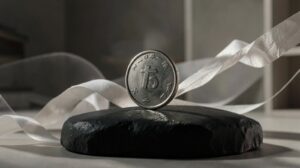 Moneda de yen sobre una plataforma ascendente mientras una corriente desplaza elementos a su alrededor en sentido contrario.