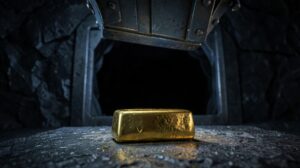 Lingote de oro aislado entre una bóveda protectora y una pesada puerta metálica que simboliza el aumento del coste del dinero.