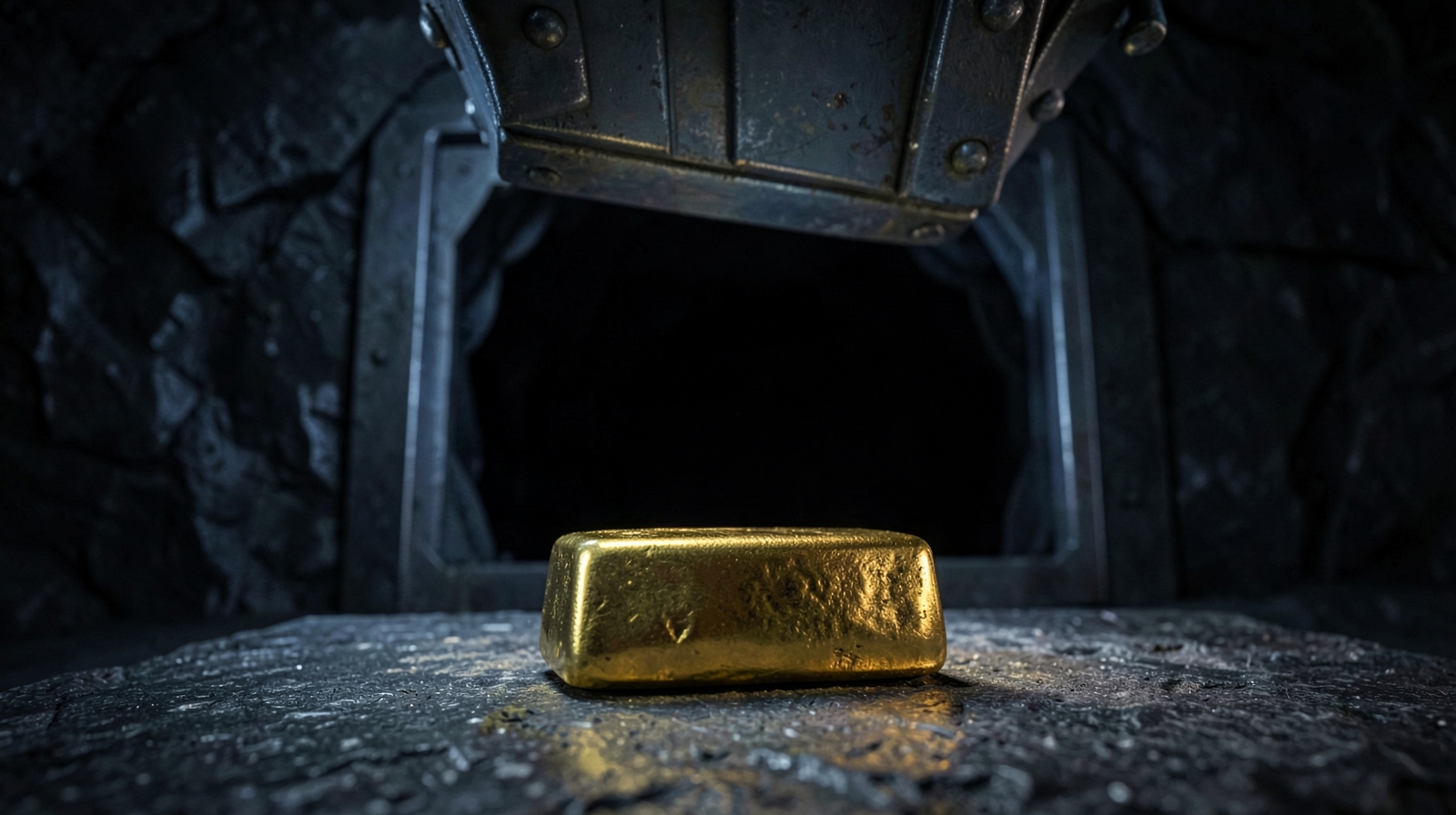 Lingote de oro aislado entre una bóveda protectora y una pesada puerta metálica que simboliza el aumento del coste del dinero.