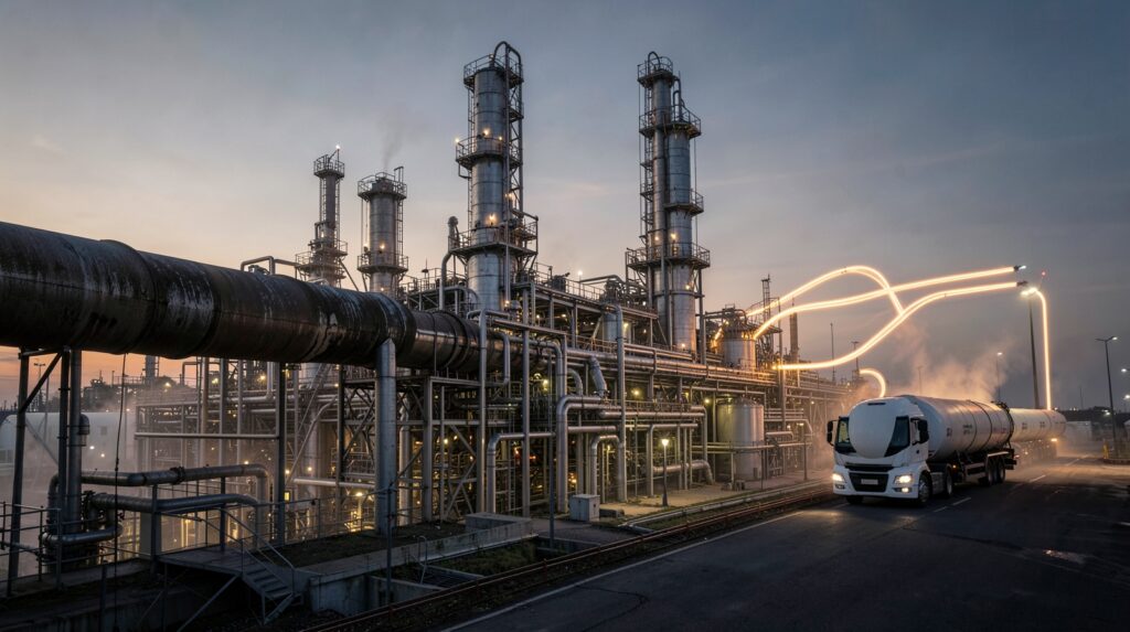 Refinería europea y camión cisterna representando la tensión entre petróleo y precio del diésel.