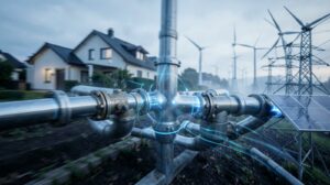 Metáfora editorial del gas atravesando un sistema energético europeo más flexible y diversificado.