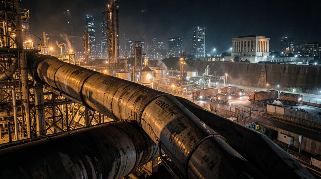 Refinería y oleoducto transmitiendo un shock energético hacia una ciudad mientras un edificio institucional representa la respuesta monetaria.