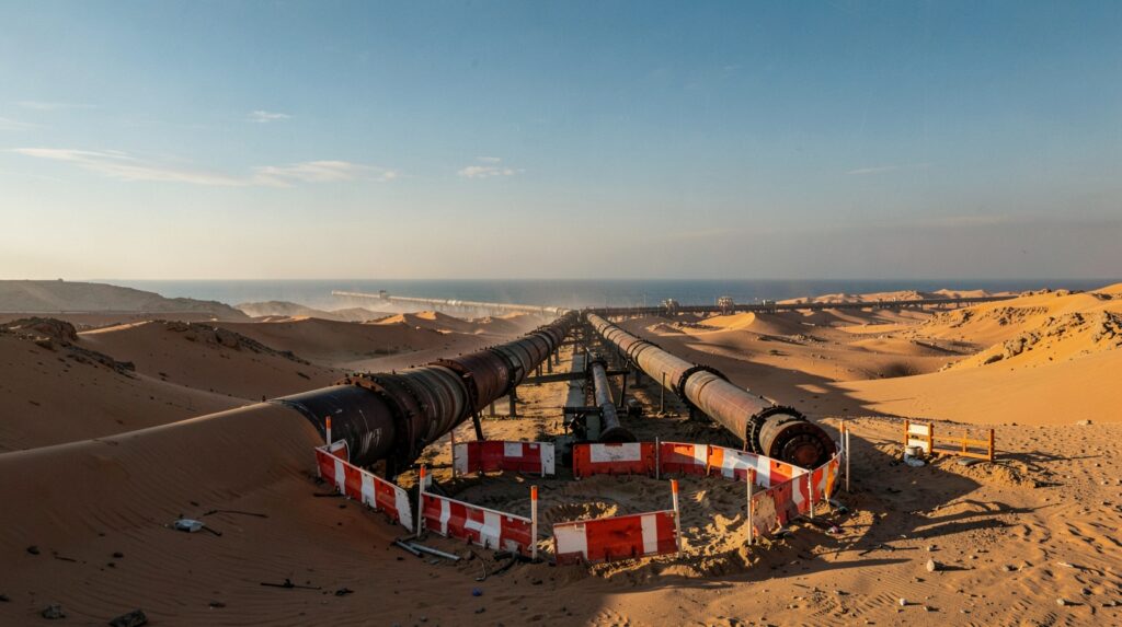 Oleoducto atravesando el desierto saudí hacia el mar Rojo como metáfora de la ruta alternativa a Ormuz.