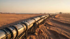 Oleoducto atravesando el desierto hacia una terminal marítima como metáfora de una ruta alternativa para el petróleo saudí.