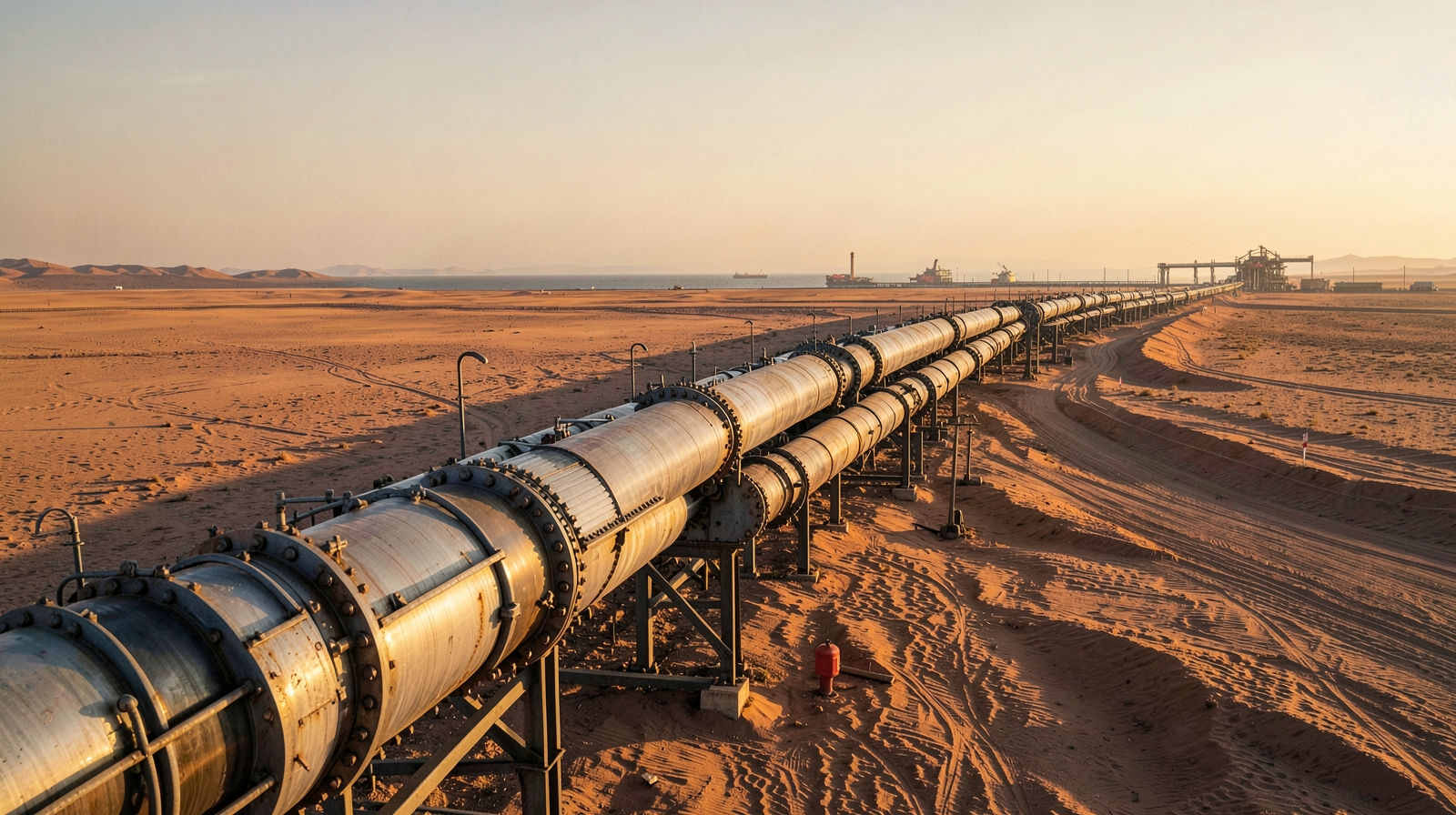 Oleoducto atravesando el desierto hacia una terminal marítima como metáfora de una ruta alternativa para el petróleo saudí.