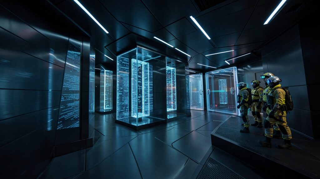 Instalación futurista de inteligencia artificial avanzando a través de compuertas de seguridad supervisadas por evaluadores independientes.