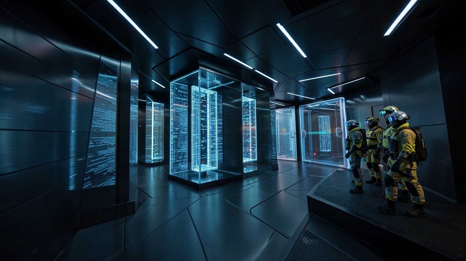Instalación futurista de inteligencia artificial avanzando a través de compuertas de seguridad supervisadas por evaluadores independientes.