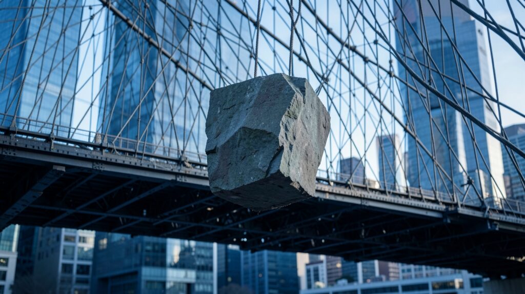 Un puente de acero bajo tensión soporta un gran bloque de piedra como metáfora del encarecimiento del capital a largo plazo.