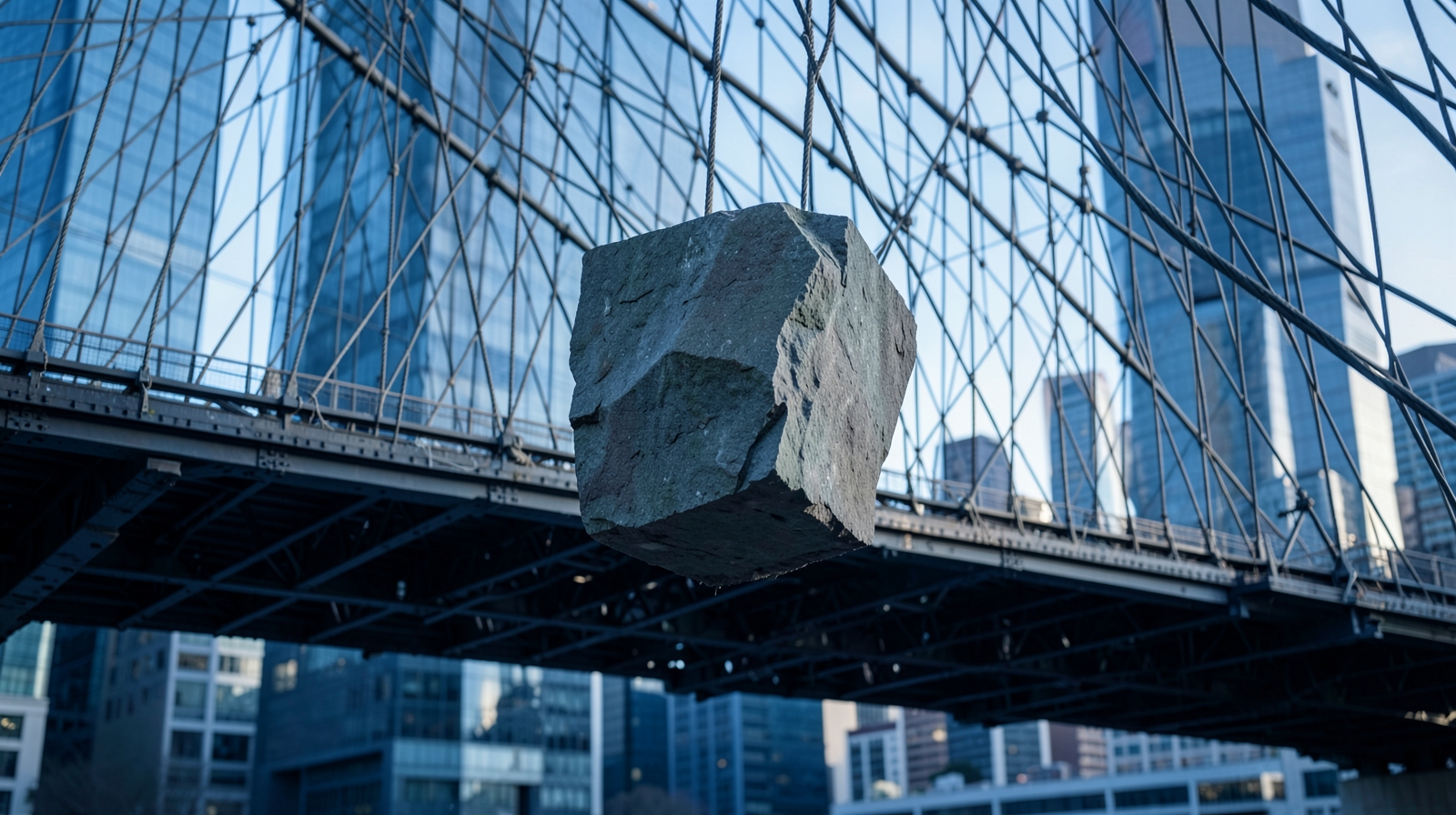 Un puente de acero bajo tensión soporta un gran bloque de piedra como metáfora del encarecimiento del capital a largo plazo.
