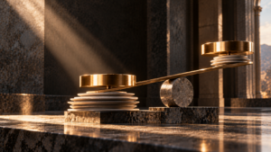 Balanza escultórica de bronce y mármol que representa la diferencia entre el cupón nominal y la rentabilidad efectiva de los bonos del Estado