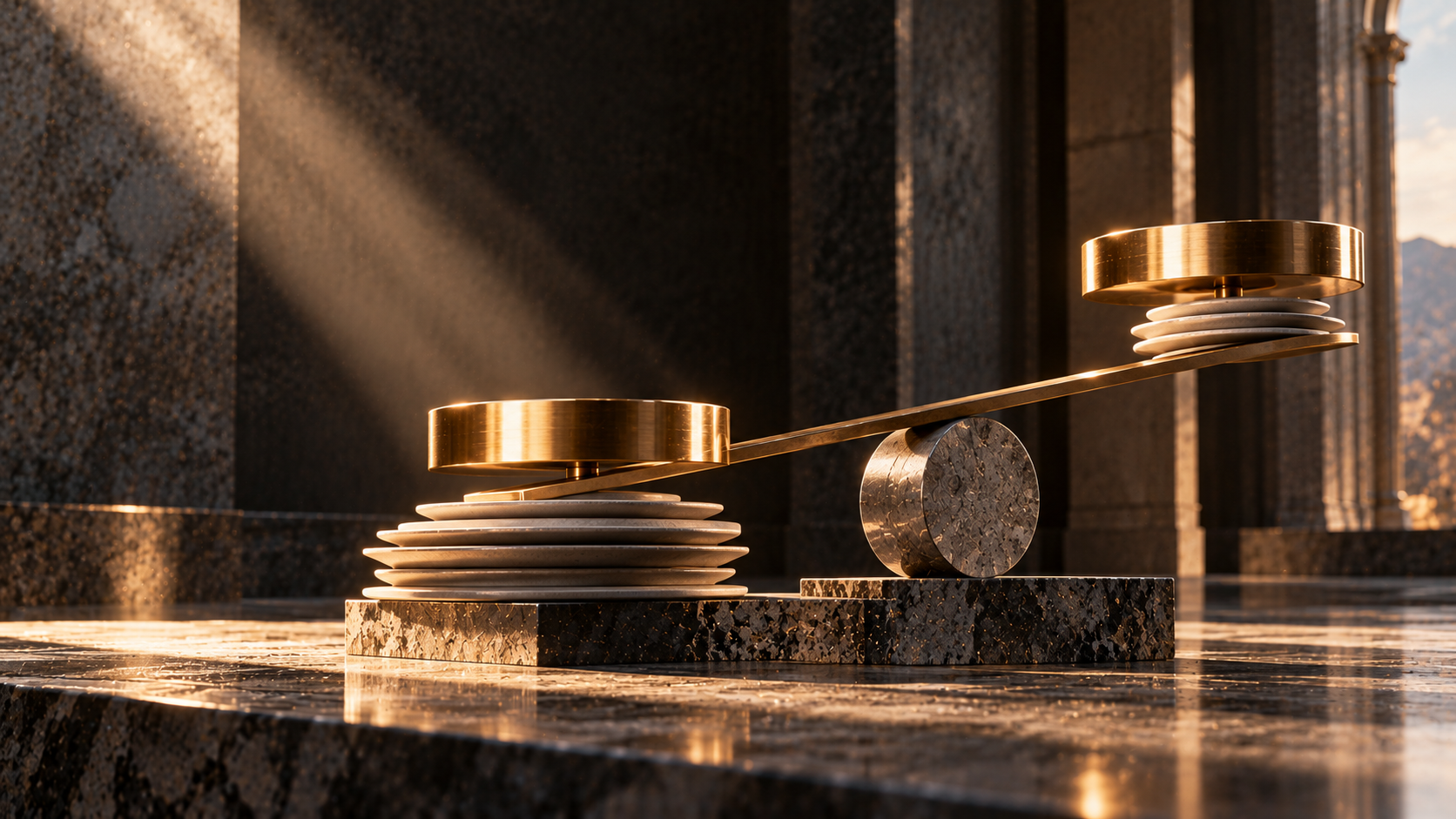 Balanza escultórica de bronce y mármol que representa la diferencia entre el cupón nominal y la rentabilidad efectiva de los bonos del Estado
