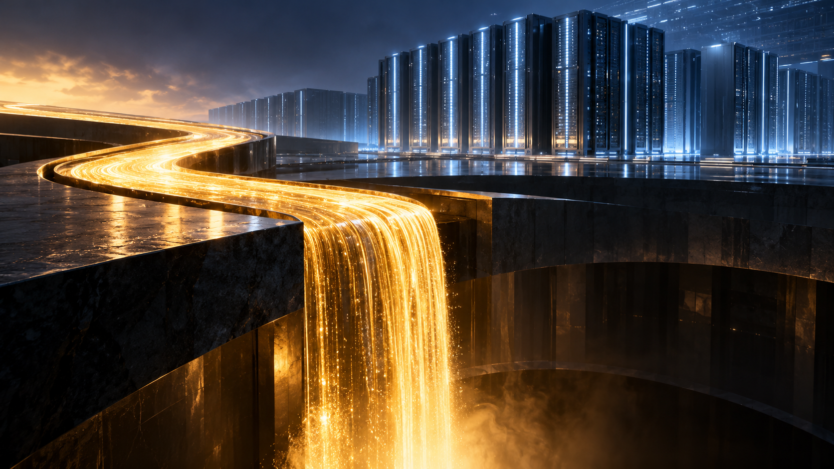 Ciudadela de servidores azules y cascada dorada que simboliza cómo la inversión en inteligencia artificial consume el flujo de caja libre de Meta