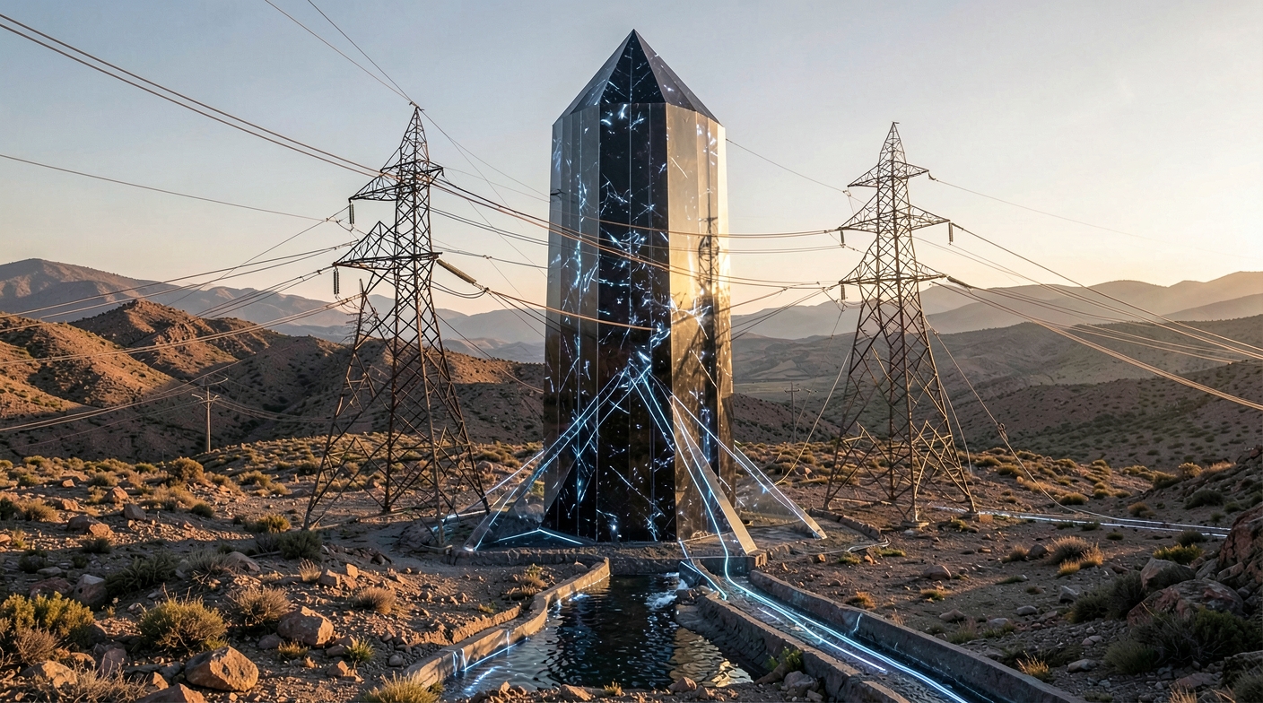 Un monolito de datos emerge donde convergen una red eléctrica, un canal de agua y un conducto de fibra en un paisaje aragonés