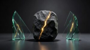 Un bloque de roca aurífera se refracta en dos prismas de valoración que muestran percepciones distintas del mismo yacimiento