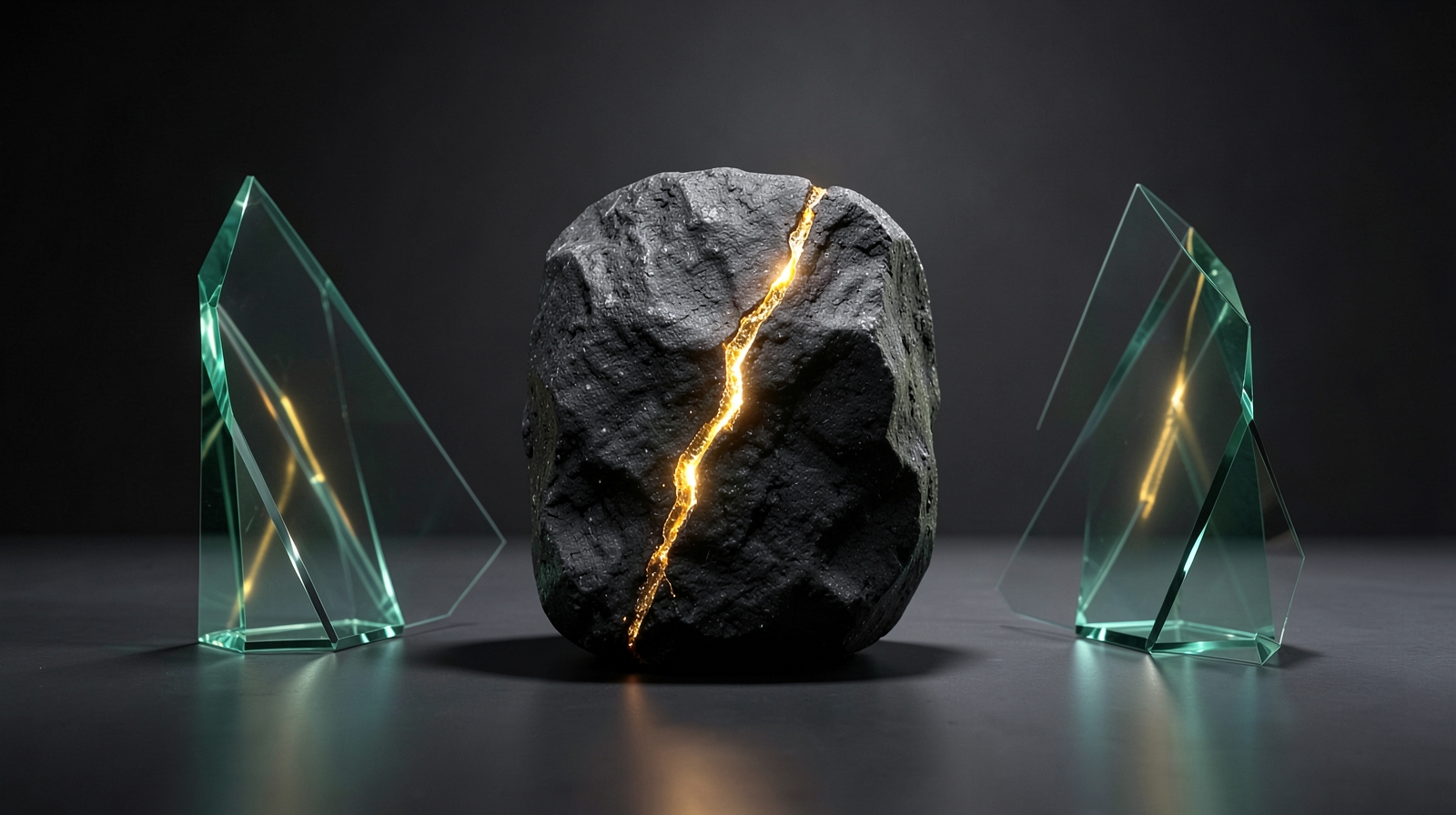 Un bloque de roca aurífera se refracta en dos prismas de valoración que muestran percepciones distintas del mismo yacimiento